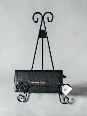 Michael Kors Black Pebbled Leather Continental Wallet with Gold Logo